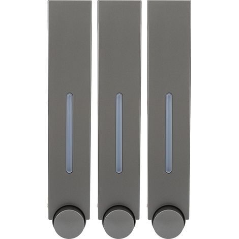 Manueller, wandmontierter Spender ohne Bohren für Hotels, Set mit 3 metallgrauen Flaschen 6028 für Duschgel und Shampoo, rückseitig mit Klebebefestigung. (1/5)