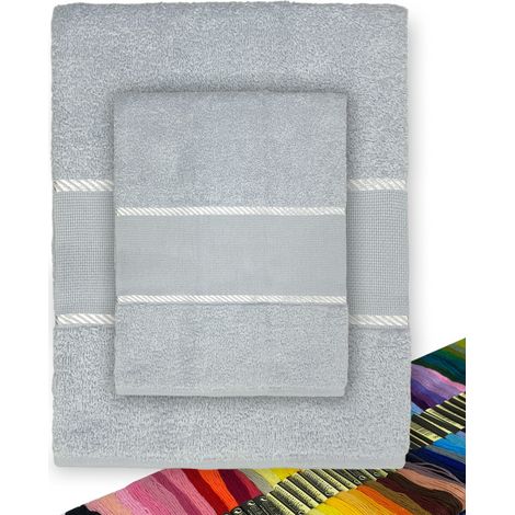 LOT DE 1 SERVIETTE DE TOILETTE + 1 SERVIETTE INVITÉ EN ÉPONGE ET TOILE AÏDA À BRODER AU POINT DE CROIX AVEC FIL OFFERT Gris