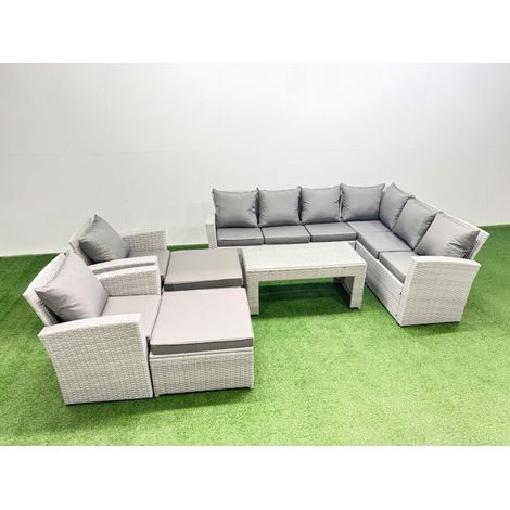 Fimous Rattan Garden Furniture Set 7 Pieces Outdoor Garden Sofa Oblong Coffee Table Set with 2 Chairs Light Grey Mixed (1/4)