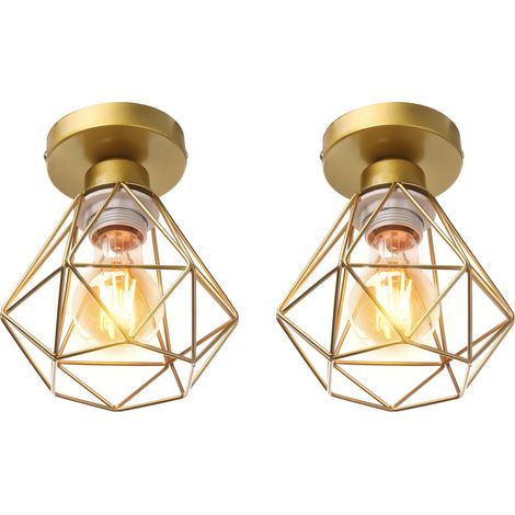 Lampe de Plafond 16cm Plafonnier Cage Diamant en Métal Luminaire pour Chambre Couloir Salon Doré - 2 Pack (1/5)