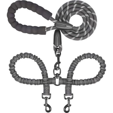 Doppelte Hundeleine – 360° drehbar, verwicklungsfrei, mit stoßdämpfendem Gummiband für zwei Hunde (groß, 11 bis 68 kg, schwarz)