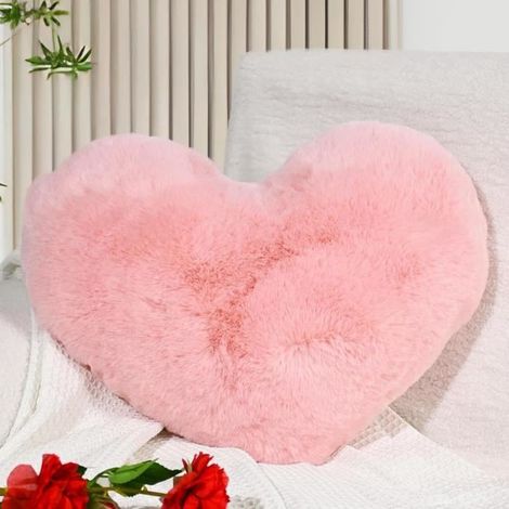 1 coussin décoratif, forme cœur rose, 38x48 cm, tissu imitation lapin, design contemporain, pour salon ou chambre (1/4)