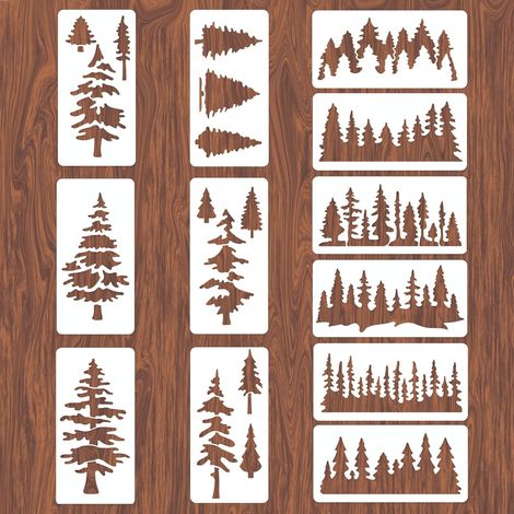 Lot de 12 pochoirs en forme d'arbre pour peinture sur bois, forêt, 30 x 15 cm, réutilisables (1/5)