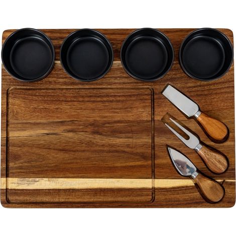 Acacia Cheese Board Set with Grey Ceramic Bowls and Cutlery - L30 x W39 x H5 cm - Brown
