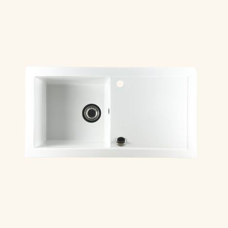 Cuisissimo – Évier céramique blanc 92x49 cm – 1 bac réversible avec vidage automatique – Meuble sous évier 60 cm minimum – Équipements inclus (1/3)