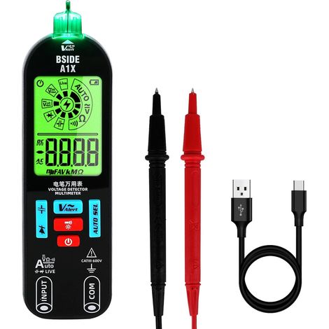 A1X Multimètre Numérique Intelligent Mini Testeur Électrique Rechargeable avec Nouvel Écran ID Détecteur de Tension Sans Contact Testeur de Continuité Capacité Ohm Diode Câble Sous Tension (1/5)
