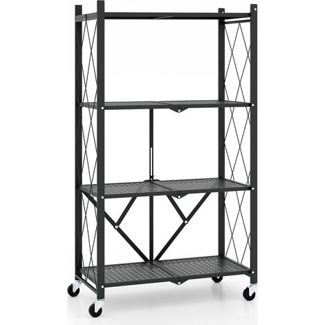 Étagère de rangement pliable 4 niveaux, support de rangement repliable avec roues verrouillables - noir (1/5)
