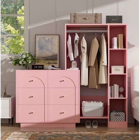 Cabina armadio aperta con 6 cassetti e ripiani laterali, 139 x 35 x 133 cm, rosa DESVIAE (1/5)