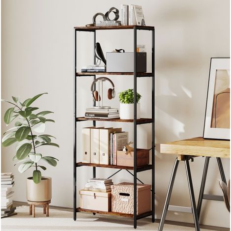Librería de 5 niveles en metal con acabado melaminado, 79 x 35 x 161 cm, marrón (1/5)