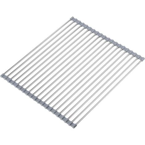 Collapsible stainless steel dish drainer, grey dish drainer, 20 tubes 50 x 40 cm, 1 kitchen counter mat (1/5)
