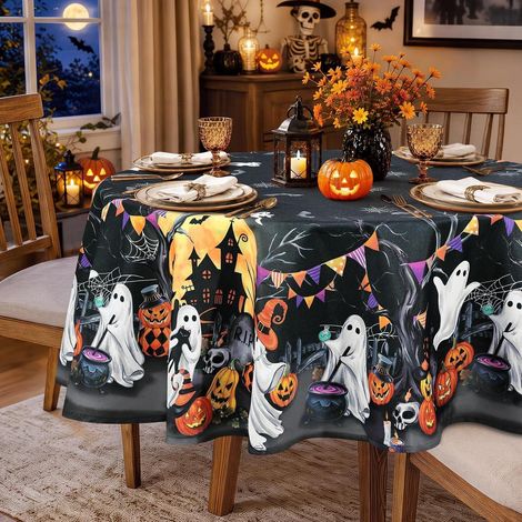 Nappe de table ronde Halloween Ø 180 cm avec motif citrouille et fantôme, lavable