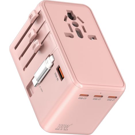 Adaptateur de voyage universel, charge rapide 100 W, convertisseur universel, câble de charge rapide rétractable TYPE-C 80 cm (rose) (1/5)