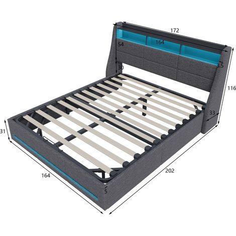 Eifson – Lit coffre double 160x200 cm – Éclairage LED orientable – Rangement hydraulique – Chargement USB – Structure métal – Lin gris