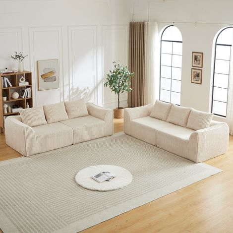 Divano modulare in velluto a coste beige, 235,5 x 101 x 72,5 cm, senza montaggio, 6 cuscini (1/5)
