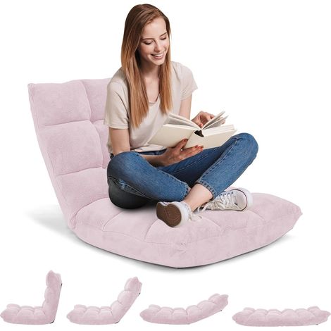 GOPLUS Coussin de Sol avec Dossier Inclinaison Réglable sur 14 Niveaux, Paresseux Fauteuil avec Velours Corail Confortable, Chaise de Méditation Rembourré et Pliable, 105 x 56 x 15CM (Rose Clair) (1/5)