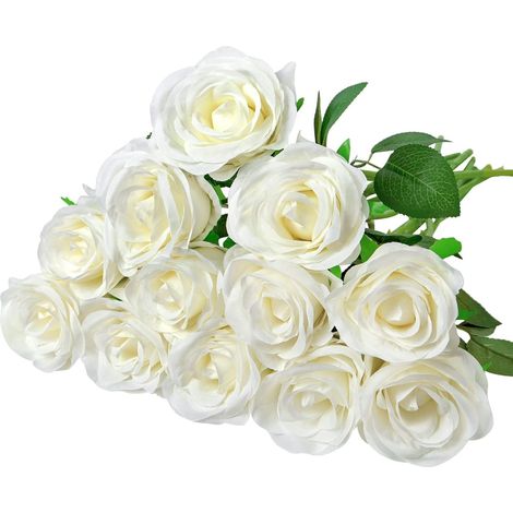 12 Pièce Roses Artificielles, Fleurs Artificielles Deco Blanches Fausses Roses Fleurs Artificielles en Soie Blanches pour Jardin, Fête de Mariage, Intérieur et Extérieur (1/5)
