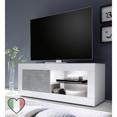 Mobile Porta TV Bianco laccato lucido, 1 anta cemento e vano con mensola vetro L. 140 cm - Basic (1/4)