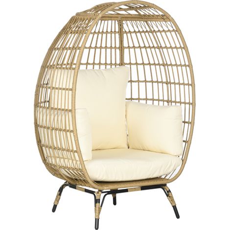 Sillón colgante ovalado de ratán sintético con cojines y base de acero beige (1/5)