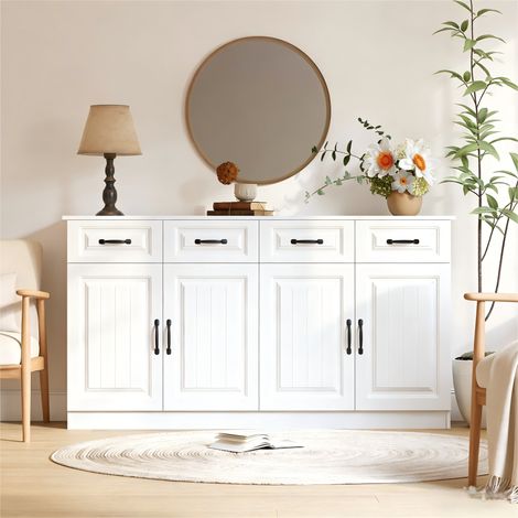 Sideboard mit 4 Schubladen und 4 Türen, in Weiß, 160x35x80 cm
