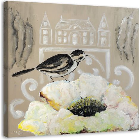 Tableau déco Fleurs oiseau pastel beige 40x40 (1/5)