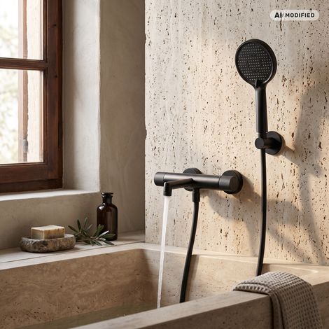 PaulGurkes Badewannenarmatur Matt-Schwarz mit Brause und Halter Komplett-Set Serie NOX (1/5)