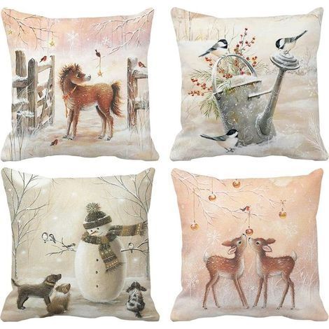 4PCS Taies d'oreiller Animaux Housse de Coussin pour Hiver Noël Nouvel an Bonhomme de Neige Cerf Taie Décorative Sofa Décoration Maison Salon 45 x 45 cm (1/5)