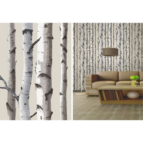 Fine Decor Cream Birch Trees Forest Themed Feature Wallpaper (1/4)