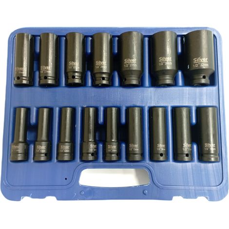 Juego de 16 piezas de llaves de impacto 1/2" Silver, herramientas resistentes, ideal para trabajos pesados, alta durabilidad y eficiencia.