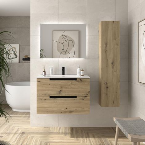 Mueble de Baño LENI 80cm Roble 2 cajones Lavabo 1 poza Porcelana (1/5)