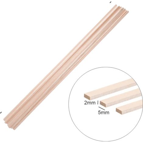Tiras de madera de balsa ligeras y versátiles para manualidades, 2x5x200 mm, 50 unidades. (1/2)