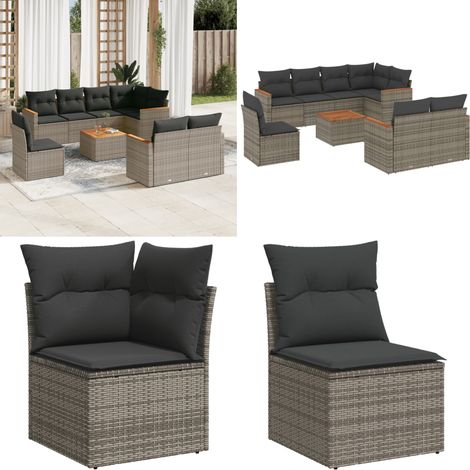 Salon de jardin 9 pcs avec coussins gris résine tressée - Ensemble Salon De Jardin - Mobilier Extérieur - Canapé Jardin - Table Jardin - Chaise Lounge - Home & Living (1/5)