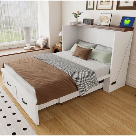 Letto a scomparsa a parete 140x200 cm con struttura allungabile, contenitore integrato, prese europee, rotelle silenziose e struttura in metallo, bianco (1/5)