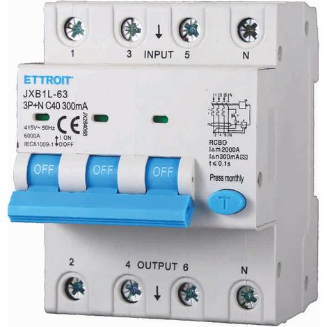ETTROIT JX264068 Differentialschutzschalter 3P+N 40A 300mA 380V-6KA KLASSE A
