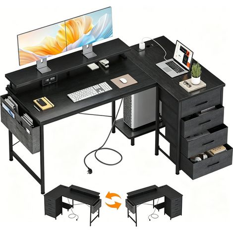 Bureau d’angle en L réversible 140x80 cm – 4 tiroirs en tissu, 2 ports USB, 2 prises, étagère pour moniteur, bureau à domicile