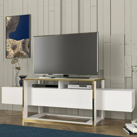 Dmora - Mobile porta TV Jo, Credenza da soggiorno, Armadio basso per TV, Base parete attrezzata, 160x46h50 cm, Bianco e Oro (1/5)
