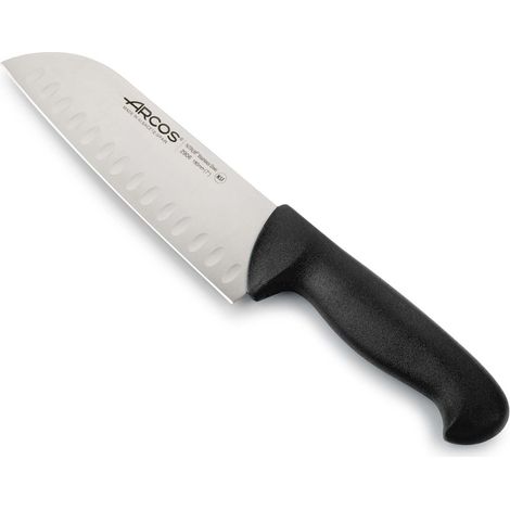 Coltello Santoku Arcos Colore - Prof 290625 con alveoli in acciaio inox Nitrum e mango ergonomico nero Polipropilene e 18 lama cm, coperchio del display.