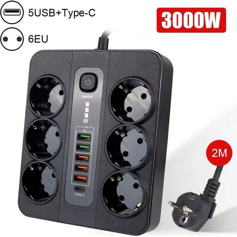 ORION91oficial® - Enchufes 6AC, Regleta Negro 🖤 con 4 puertos USB, + 2 tipo C, + 6 enchufe Schuko, 2 Metros de cable, adaptador de filtro de red - spaziOrion91 - unidad (1/5)