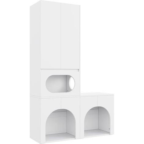 Armoire pour animaux avec 2 espaces litière, griffoir et zone de repos, blanc, 140 x 45 x 195 cm (1/5)