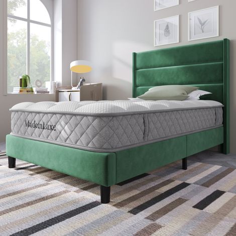 Letto imbottito 90x200 cm, con rete a doghe e testiera imbottita, velluto verde scuro (1/5)