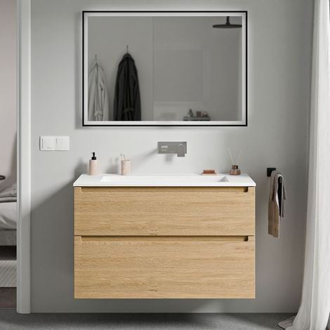 BERNSTEIN - Mueble lavabo suspendido MDF roble miel, lavabo fundición blanco mate sin orificio grifería, cajone giratorio 100x46x62cm VIREO Roble Miel Oro, Blanco mate sin agujero para grifería