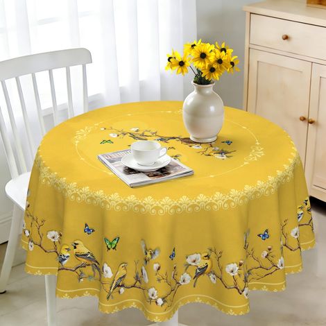 Nappe ronde 140 cm résistante aux intempéries, lavable, en polyester, motif oiseaux dorés, pour extérieur, jardin, cuisine, salle à manger, balcon, pour 4 à 6 personnes, imperméable et durable (1/5)
