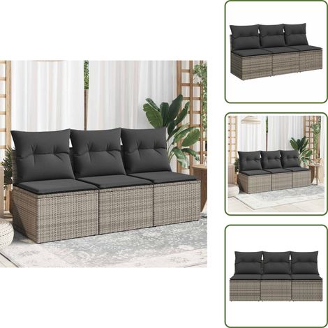 Gartensofa mit Kissen 3-Sitzer Grau Poly Rattan - Gartensofa - Outdoor Möbel - Balkonmöbel - Lounge Set - Rattan Gartenmöbel (1/5)