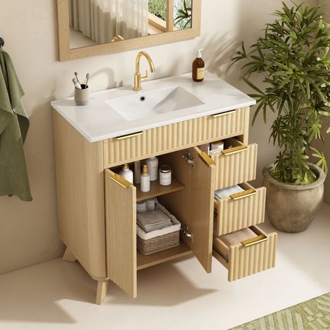 Meuble vasque 81x47x90cm - 3 tiroirs + portes doubles + étagère - MDF/céramique - bois - bois naturel (1/5)
