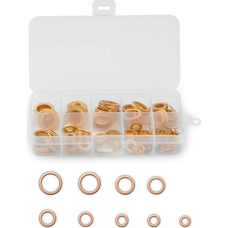 200 Stück Kupfer-Metallscheiben, Kupfer-Flachscheiben, Dichtungsringe, Messing-Flachdichtungen mit Sortierbox, geeignet für Schraubbefestigungen (M5/M6/M8/M10/M12/M14) (1/5)