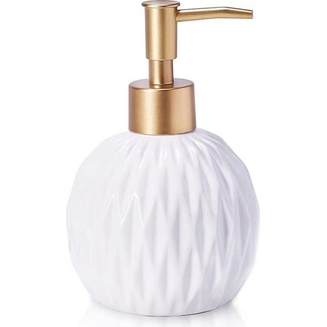 Distributeur de savon rond en céramique dorée pour salle de bain, orné d'un délicat motif de losanges en relief. (1/5)