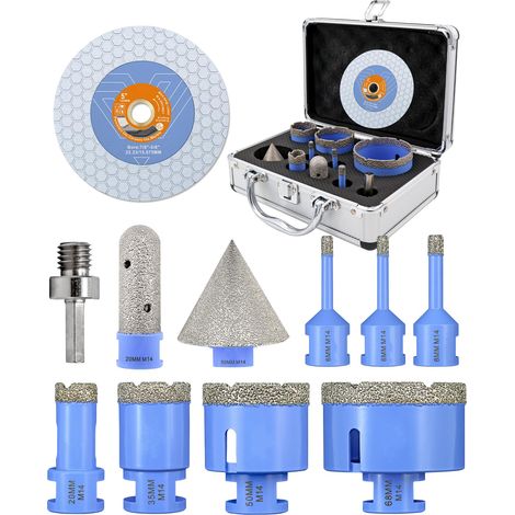 Foret Carrelage Diamant 11 Pièces - 6/6/8/20/35/50/68mm Trépan M14, 20mm Fraise, 50mm Mèche à Chanfrein, Adaptateur, 125mm Disque Diamant pour Céramique Porcelaine Marbre Granit (1/5)