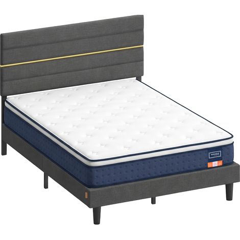 Lit Double avec Matelas 140 x 190 cm, Mousse Mémoire de Forme, Chambre, Tête de Lit Ajustable, Bleu et Gris (1/5)