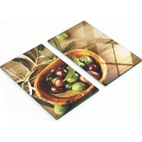 Juego de dos tablas de cocina decorativas de cristal con dise帽o de aceitunas, 2 x 30 x 52 cm.