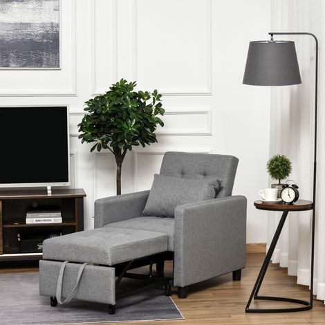 Sofá Cama de 1 Plaza Tapizado en Lino con Respaldo Ajustable de 3 Niveles y Almohada Acolchada 69x82,5x84 cm Gris (1/5)