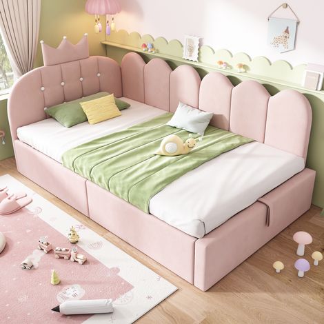 Cama juvenil con almacenamiento tapizada en rosa suave HAVRYA (1/5)